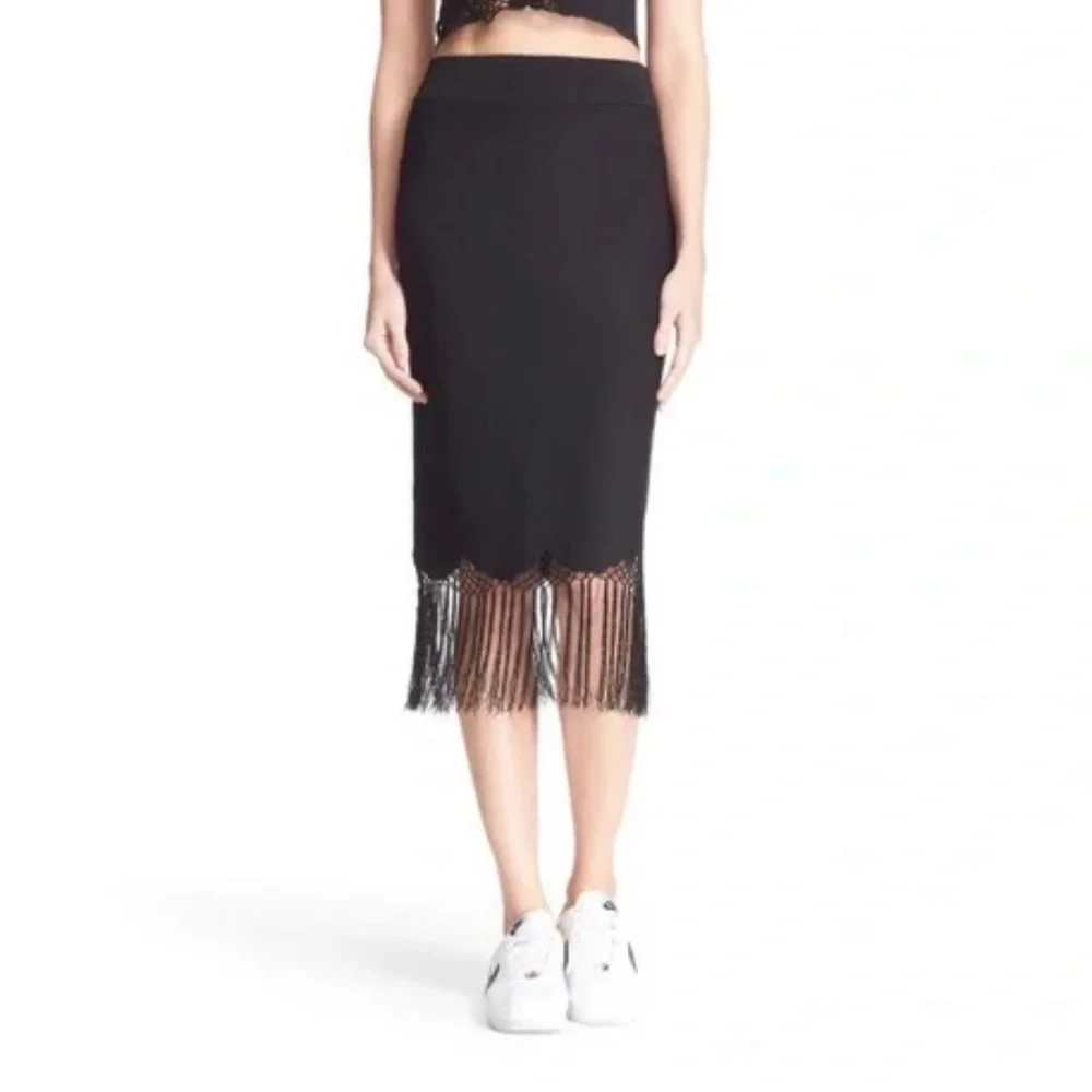A.L.C Scalloped Black Fringe Hem Pencil Bodycon High Waisted Tassel Skirt - Picture 2 of 13